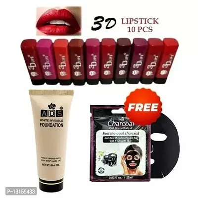 3D-Lips Matte Lipstick Pack Of 10 , Mini Charcoal Mask Pack Of 1 , Ads Foundation Pack Of 1-thumb0