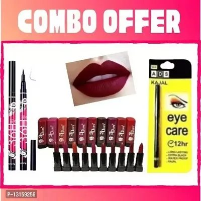 3D-Lips Matte Lipstick Pack Of 10 , Ads Yellow Kajal Pack Of 1 , 36H Black Eyeliner Pack Of 2-thumb0