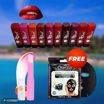 3D-Lips Matte Lipstick Pack Of 10 , Mini Charcoal Mask Pack Of 1 , Pink Magic Lip Balm Pack Of 1