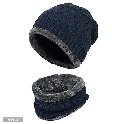 New Latest Winter Knit Thick Fleece Woolen Combo of Beanie Winter Cap Hat and Faux Fur Lining Wool Neck Muffler Scarf in Black for All Girls Boys Men Wome Pack of 1 set , Random Color-thumb0