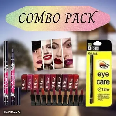 3D-Lips Matte Lipstick Pack Of 10 , Ads Yellow Kajal Pack Of 1 , 36H Black Eyeliner Pack Of 2-thumb0