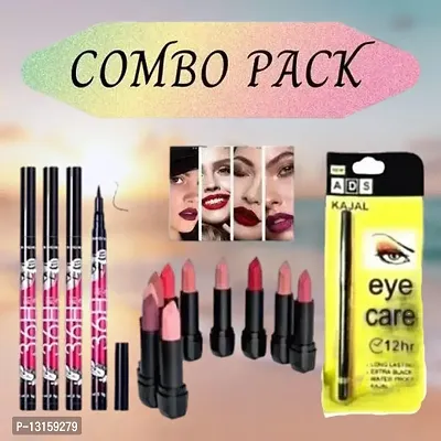 3D-Lips Matte Lipstick Pack Of 10 , Ads Yellow Kajal Pack Of 1 , 36H Black Eyeliner Pack Of 4-thumb0