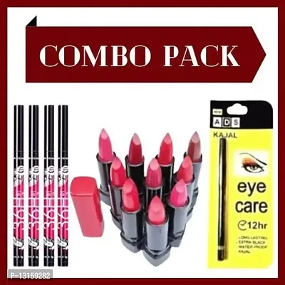 3D-Lips Matte Lipstick Pack Of 10 , Ads Yellow Kajal Pack Of 1 , 36H Black Eyeliner Pack Of 4