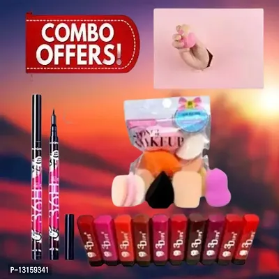 3D-Lips Matte Lipstick Pack Of 10 , 36H Black Eyeliner Pack Of 2 , Blender Puff Set Pack Of 1-thumb0