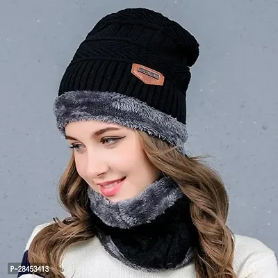 Classy Woolen Solid Beanie Cap with Neck Warmer-thumb0