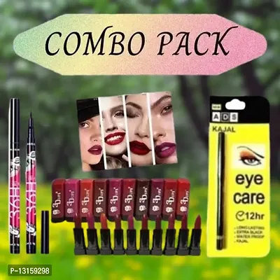 3D-Lips Matte Lipstick Pack Of 10 , Ads Yellow Kajal Pack Of 1 , 36H Black Eyeliner Pack Of 2