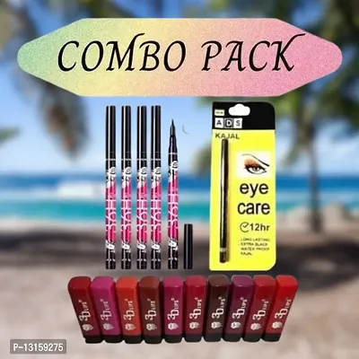 3D-Lips Matte Lipstick Pack Of 10 , Ads Yellow Kajal Pack Of 1 , 36H Black Eyeliner Pack Of 5-thumb0