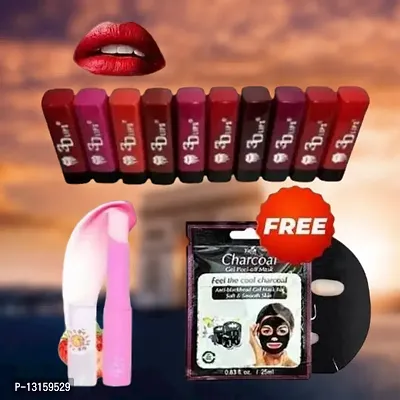 3D-Lips Matte Lipstick Pack Of 10 , Mini Charcoal Mask Pack Of 1 , Pink Magic Lip Balm Pack Of 1-thumb0