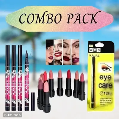 3D-Lips Matte Lipstick Pack Of 10 , Ads Yellow Kajal Pack Of 1 , 36H Black Eyeliner Pack Of 4