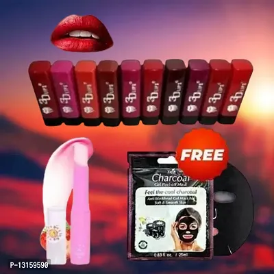 3D-Lips Matte Lipstick Pack Of 10 , Mini Charcoal Mask Pack Of 1 , Pink Magic Lip Balm Pack Of 1-thumb0