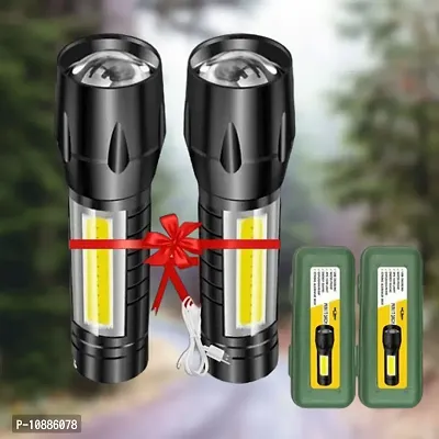 Zoomable Waterproof Torchlight LED 2 In 1 Waterproof 3 Mode Rechargeable LED Zoomable Metal 7W Torch -Black, 9.3 Cm, Rechargeable, Pack Of 2
