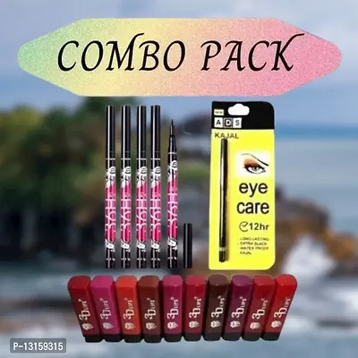 3D-Lips Matte Lipstick Pack Of 10 , Ads Yellow Kajal Pack Of 1 , 36H Black Eyeliner Pack Of 5