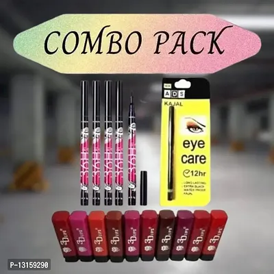 3D-Lips Matte Lipstick Pack Of 10 , Ads Yellow Kajal Pack Of 1 , 36H Black Eyeliner Pack Of 5-thumb0