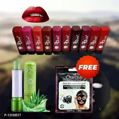 3D-Lips Matte Lipstick Pack Of 10 , Mini Charcoal Mask Pack Of 1 , Aloe Vera Lip Balm Pack Of 1-thumb0