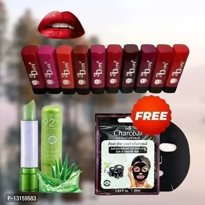 3D-Lips Matte Lipstick Pack Of 10 , Mini Charcoal Mask Pack Of 1 , Aloe Vera Lip Balm Pack Of 1-thumb0