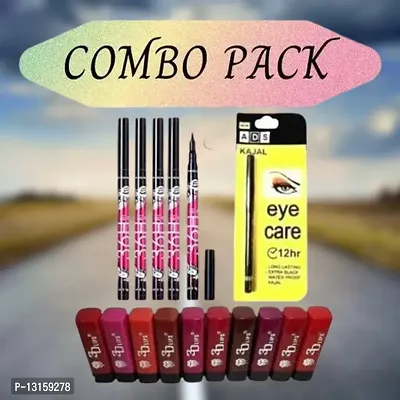 3D-Lips Matte Lipstick Pack Of 10 , Ads Yellow Kajal Pack Of 1 , 36H Black Eyeliner Pack Of 5