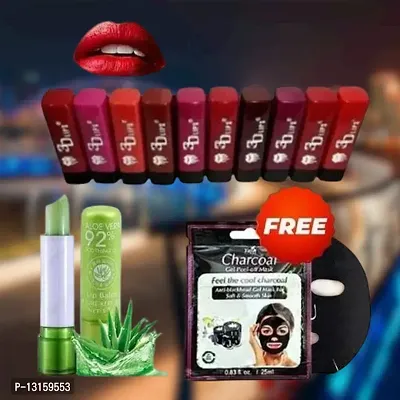 3D-Lips Matte Lipstick Pack Of 10 , Mini Charcoal Mask Pack Of 1 , Aloe Vera Lip Balm Pack Of 1-thumb0