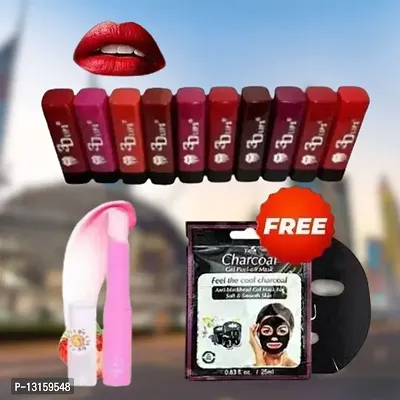 3D-Lips Matte Lipstick Pack Of 10 , Mini Charcoal Mask Pack Of 1 , Pink Magic Lip Balm Pack Of 1-thumb0