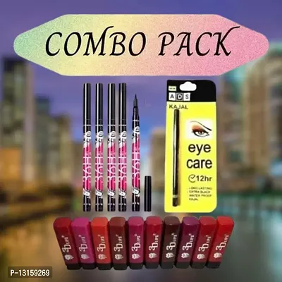 3D-Lips Matte Lipstick Pack Of 10 , Ads Yellow Kajal Pack Of 1 , 36H Black Eyeliner Pack Of 5