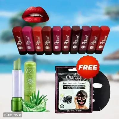 3D-Lips Matte Lipstick Pack Of 10 , Mini Charcoal Mask Pack Of 1 , Aloe Vera Lip Balm Pack Of 1-thumb0