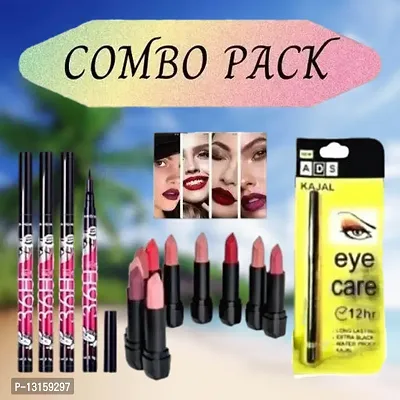 3D-Lips Matte Lipstick Pack Of 10 , Ads Yellow Kajal Pack Of 1 , 36H Black Eyeliner Pack Of 4