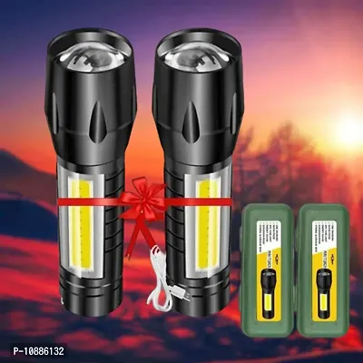 Zoomable Waterproof Torchlight LED 2 In 1 Waterproof 3 Mode Rechargeable LED Zoomable Metal 7W Torch -Black, 9.3 Cm, Rechargeable, Pack Of 2