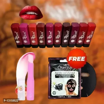 3D-Lips Matte Lipstick Pack Of 10 , Mini Charcoal Mask Pack Of 1 , Pink Magic Lip Balm Pack Of 1