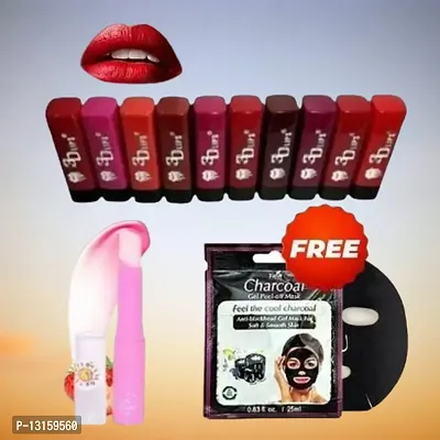 3D-Lips Matte Lipstick Pack Of 10 , Mini Charcoal Mask Pack Of 1 , Pink Magic Lip Balm Pack Of 1-thumb0