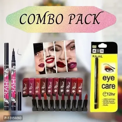 3D-Lips Matte Lipstick Pack Of 10 , Ads Yellow Kajal Pack Of 1 , 36H Black Eyeliner Pack Of 2