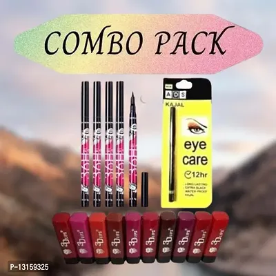 3D-Lips Matte Lipstick Pack Of 10 , Ads Yellow Kajal Pack Of 1 , 36H Black Eyeliner Pack Of 5-thumb0