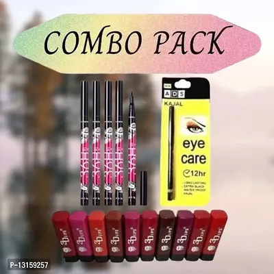 3D-Lips Matte Lipstick Pack Of 10 , Ads Yellow Kajal Pack Of 1 , 36H Black Eyeliner Pack Of 5-thumb0