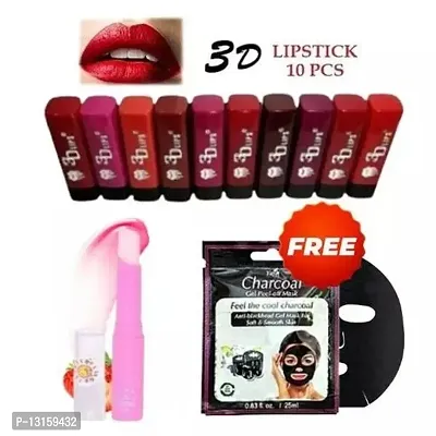 3D-Lips Matte Lipstick Pack Of 10 , Mini Charcoal Mask Pack Of 1 , Pink Magic Lip Balm Pack Of 1-thumb0