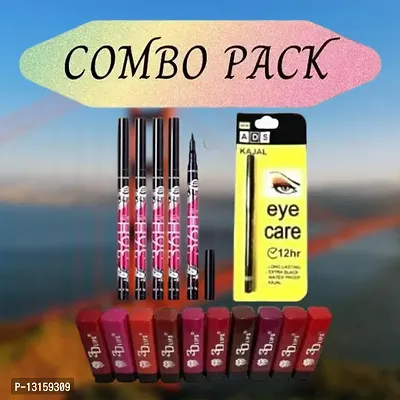 3D-Lips Matte Lipstick Pack Of 10 , Ads Yellow Kajal Pack Of 1 , 36H Black Eyeliner Pack Of 5-thumb0