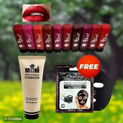 3D-Lips Matte Lipstick Pack Of 10 , Mini Charcoal Mask Pack Of 1 , Ads Foundation Pack Of 1-thumb0