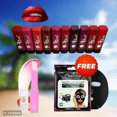 3D-Lips Matte Lipstick Pack Of 10 , Mini Charcoal Mask Pack Of 1 , Pink Magic Lip Balm Pack Of 1-thumb0