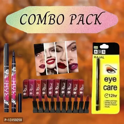 3D-Lips Matte Lipstick Pack Of 10 , Ads Yellow Kajal Pack Of 1 , 36H Black Eyeliner Pack Of 2-thumb0