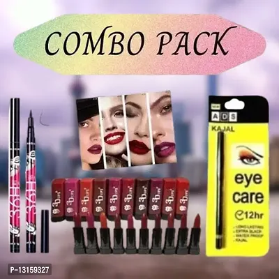 3D-Lips Matte Lipstick Pack Of 10 , Ads Yellow Kajal Pack Of 1 , 36H Black Eyeliner Pack Of 2-thumb0