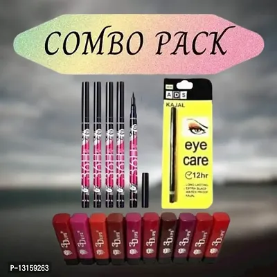 3D-Lips Matte Lipstick Pack Of 10 , Ads Yellow Kajal Pack Of 1 , 36H Black Eyeliner Pack Of 5-thumb0