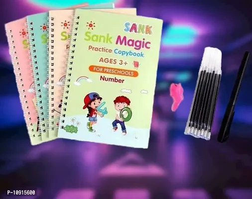 Sank Magic Practice Copybook, (4 BOOK + 10 REFILL+ 1 pen + 1 grip) Number Tracing Book for Preschoolers with Pen, Magic Calligraphy Copybook Set Practical Reusable Writing Tool Simple Hand Lettering