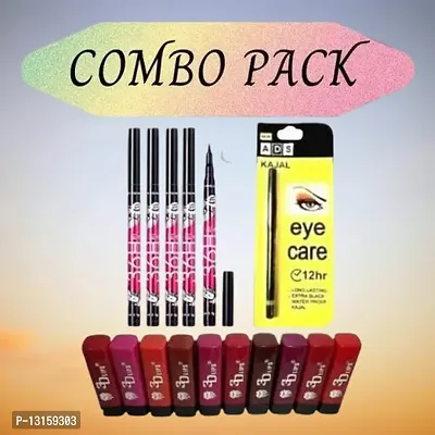 3D-Lips Matte Lipstick Pack Of 10 , Ads Yellow Kajal Pack Of 1 , 36H Black Eyeliner Pack Of 5