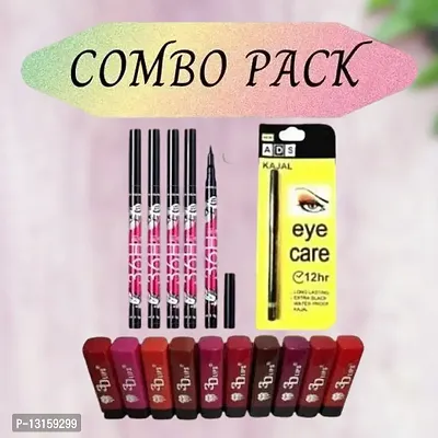 3D-Lips Matte Lipstick Pack Of 10 , Ads Yellow Kajal Pack Of 1 , 36H Black Eyeliner Pack Of 5