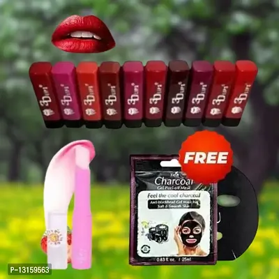 3D-Lips Matte Lipstick Pack Of 10 , Mini Charcoal Mask Pack Of 1 , Pink Magic Lip Balm Pack Of 1