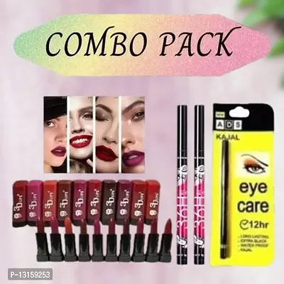 3D-Lips Matte Lipstick Pack Of 10 , Ads Yellow Kajal Pack Of 1 , 36H Black Eyeliner Pack Of 2-thumb0