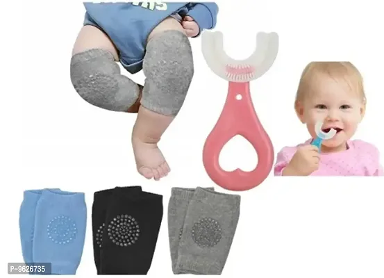 Multicolor Baby Knee Pads (Knee Socks) (Random Color , Pack Of 3) + U- Shape Tooth Brush For Kids (Random Color , Pack Of 1)-thumb0