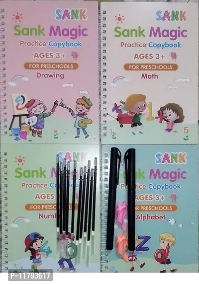 Sank Magic Practice Copybook 4 Pcs Magic Calligraphy That Can Be Reused Handwriting Copybook Set with Pen and Pen Sleeve Sank Magic Handwriting Book for Kid Calligraphic Letter Writing 4 Books  10 Refill  1 Pen 1 Fingertip