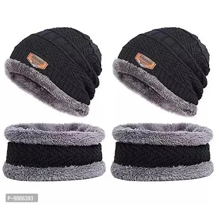 Winter Knit Beanie Cap Hat Neck Warmer Scarf and Woolen Gloves Set for Men And Women 2 Piece Pack of 2 set , Random Color-thumb0