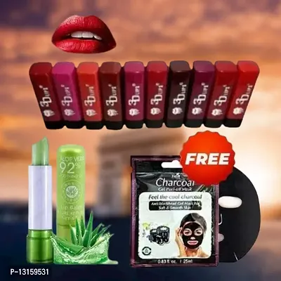 3D-Lips Matte Lipstick Pack Of 10 , Mini Charcoal Mask Pack Of 1 , Aloe Vera Lip Balm Pack Of 1-thumb0