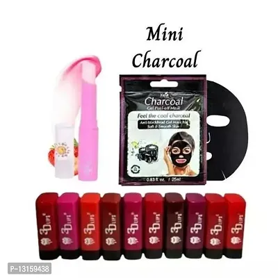 3D-Lips Matte Lipstick Pack Of 10 , Mini Charcoal Mask Pack Of 1 , Pink Magic Lip Balm Pack Of 1