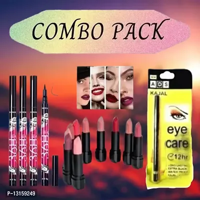 3D-Lips Matte Lipstick Pack Of 10 , Ads Yellow Kajal Pack Of 1 , 36H Black Eyeliner Pack Of 4-thumb0