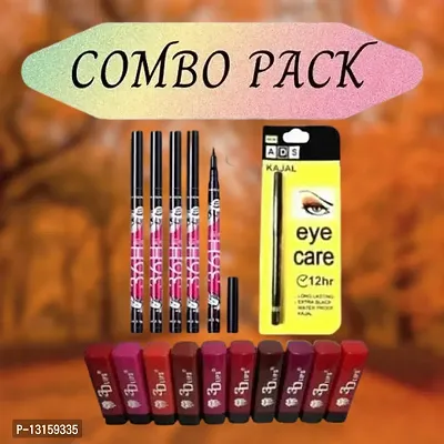 3D-Lips Matte Lipstick Pack Of 10 , Ads Yellow Kajal Pack Of 1 , 36H Black Eyeliner Pack Of 5-thumb0